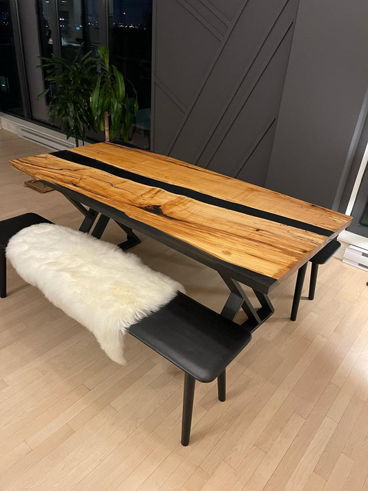 OLIVE WOOD & BLACK EPOXY DINING TABLE