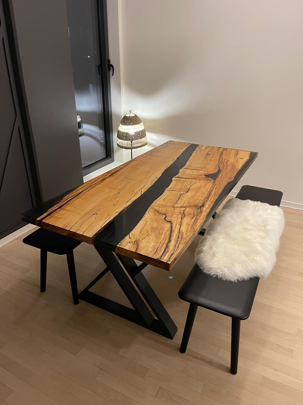 OLIVE WOOD & BLACK EPOXY DINING TABLE